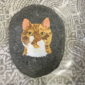 Hand‎ painted rock kitty cat orange tabby folk art decor paperweight doorstop